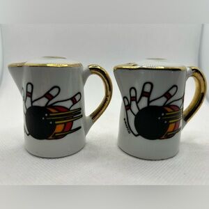 Vintage Sat & Pepper Shakers Bowling Ceramic White Black Gold Lot Two Taiwan
